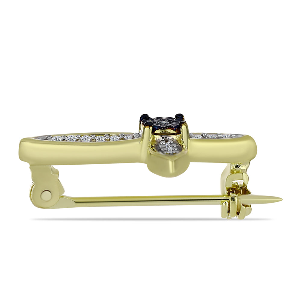 Cruce Broşă din Argint 925 Placat cu Aur ( 2.32 grame ) cu Diamant Albastru și Topaz Alb 0.11 Carate 2 