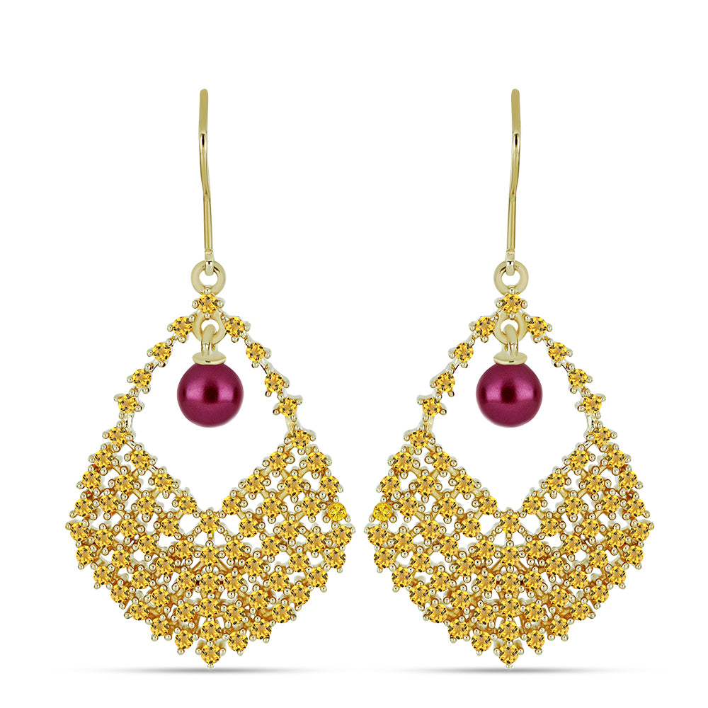 Cercei din Argint 925 Placat cu Aur ( 9.49 grame ) cu Perlă de cultură Violet și Citrin Ural 5.45 Carate 1 