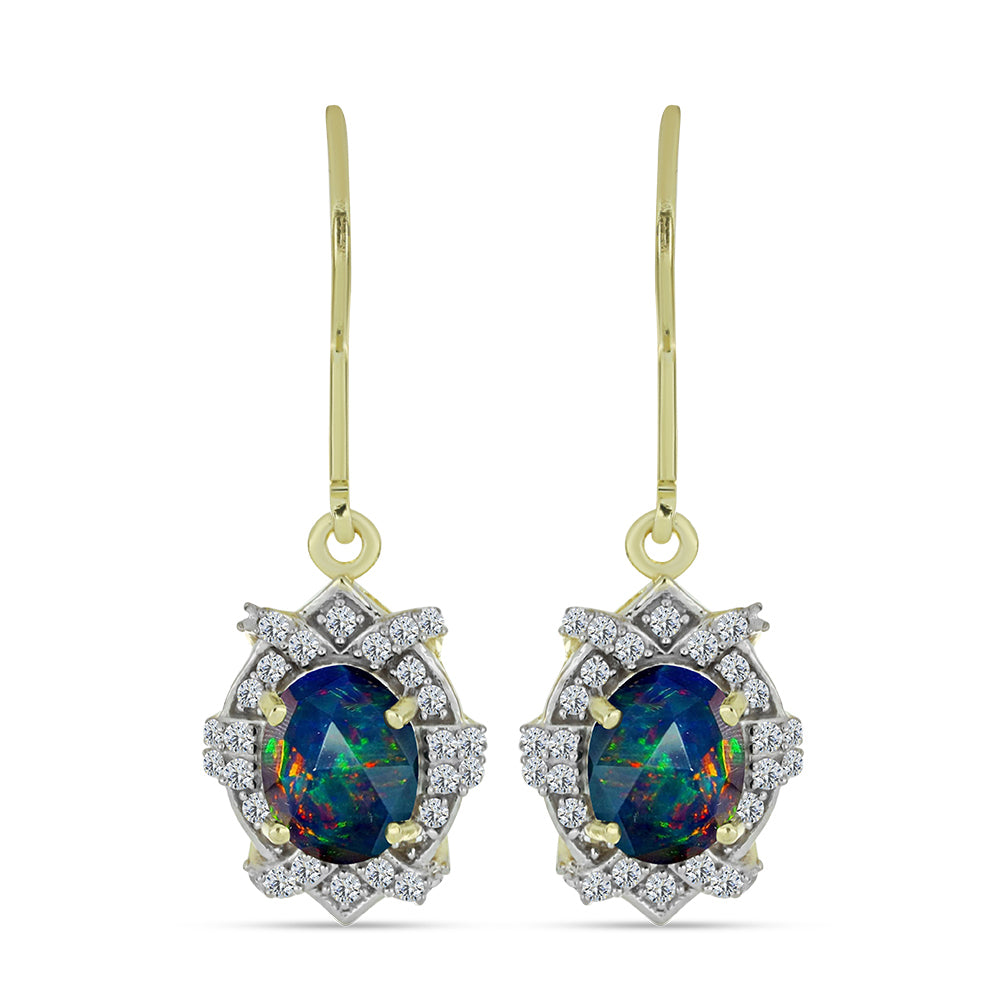 Cercei din Argint 925 Placat cu Aur ( 3.08 grame ) cu Opal Etiopian Negru Lega Dembi și Topaz Alb 1.85 Carate