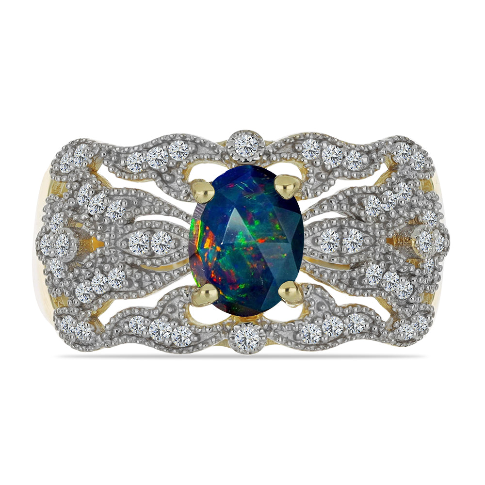 Inel din Argint 925 Placat cu Aur ( 4.63 grame ) cu Opal Etiopian Negru Lega Dembi și Topaz Alb 1.08 Carate 1 