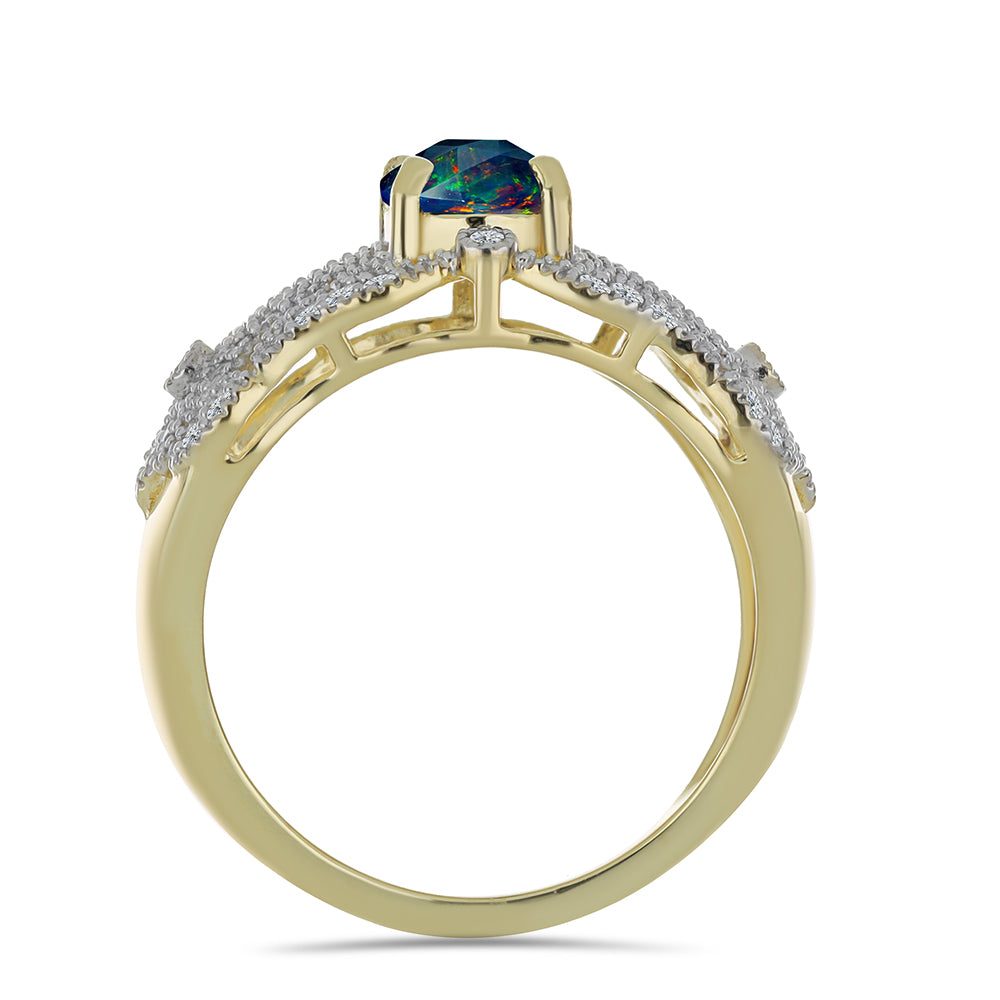 Inel din Argint 925 Placat cu Aur ( 4.63 grame ) cu Opal Etiopian Negru Lega Dembi și Topaz Alb 1.08 Carate 2 