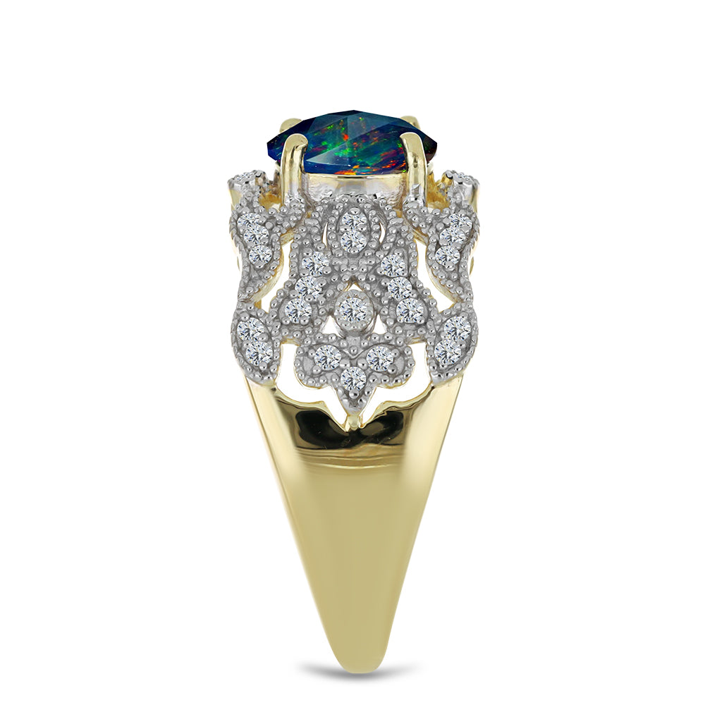 Inel din Argint 925 Placat cu Aur ( 4.63 grame ) cu Opal Etiopian Negru Lega Dembi și Topaz Alb 1.08 Carate
