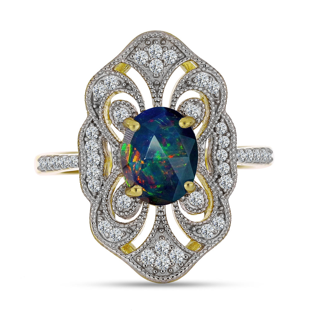 Inel din Argint 925 Placat cu Aur ( 4.56 grame ) cu Opal Etiopian Negru Lega Dembi și Topaz Alb 1.43 Carate