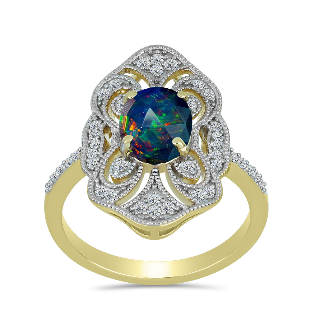 Inel din Argint 925 Placat cu Aur ( 4.56 grame ) cu Opal Etiopian Negru Lega Dembi și Topaz Alb 1.43 Carate 3 