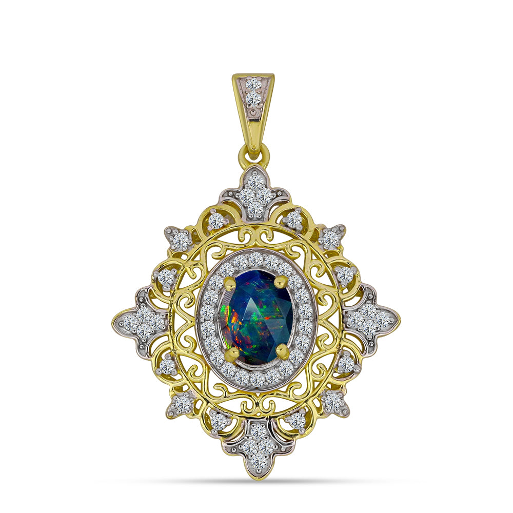 Pandantiv din Argint 925 Placat cu Aur ( 2.89 grame ) cu Opal Etiopian Negru Lega Dembi și Topaz Alb 1.2 Carate
