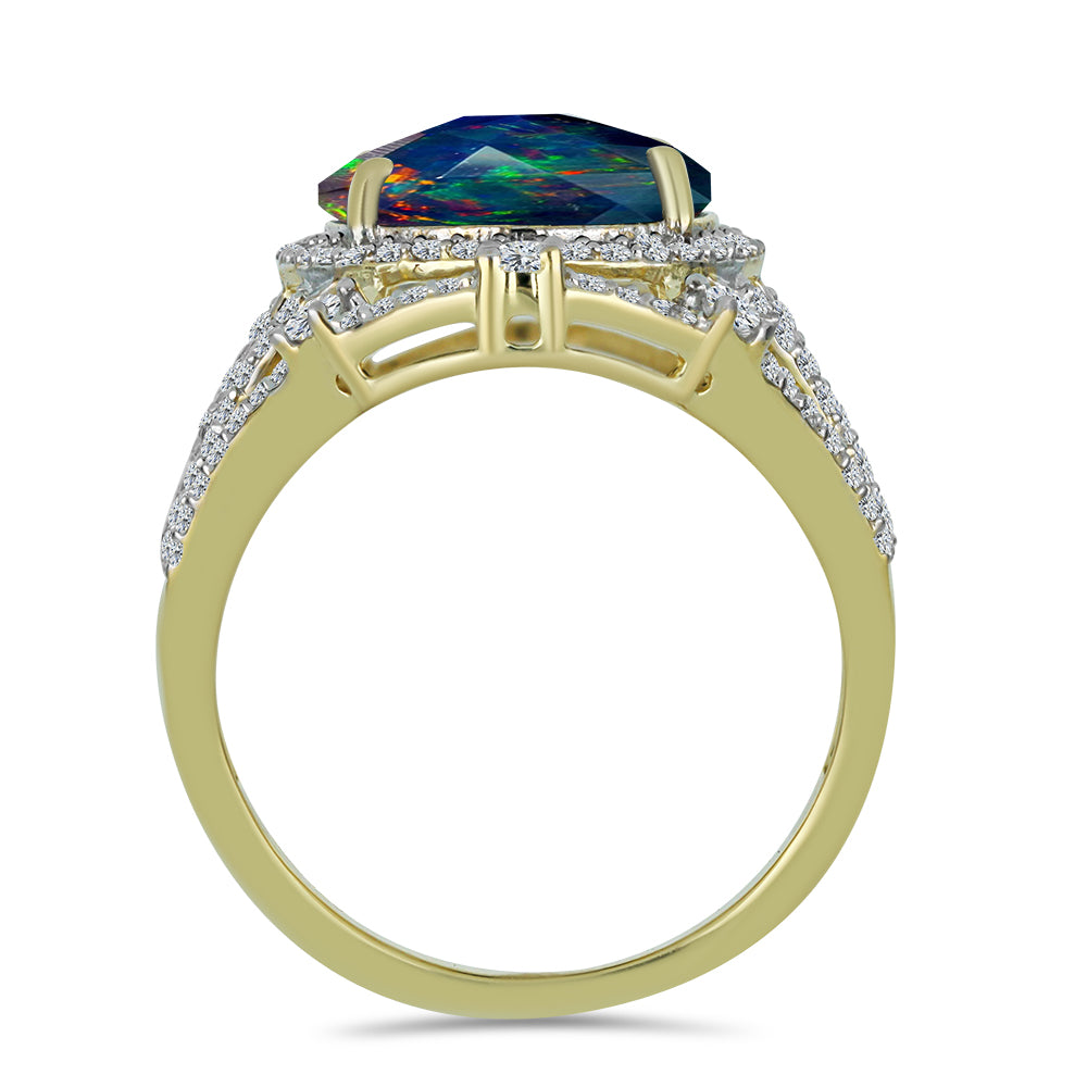 Inel din Argint 925 Placat cu Aur ( 5.46 grame ) cu Opal Etiopian Negru Lega Dembi și Topaz Alb 5.09 Carate 2 