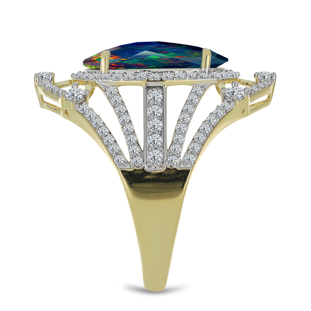 Inel din Argint 925 Placat cu Aur ( 5.46 grame ) cu Opal Etiopian Negru Lega Dembi și Topaz Alb 5.09 Carate 4 