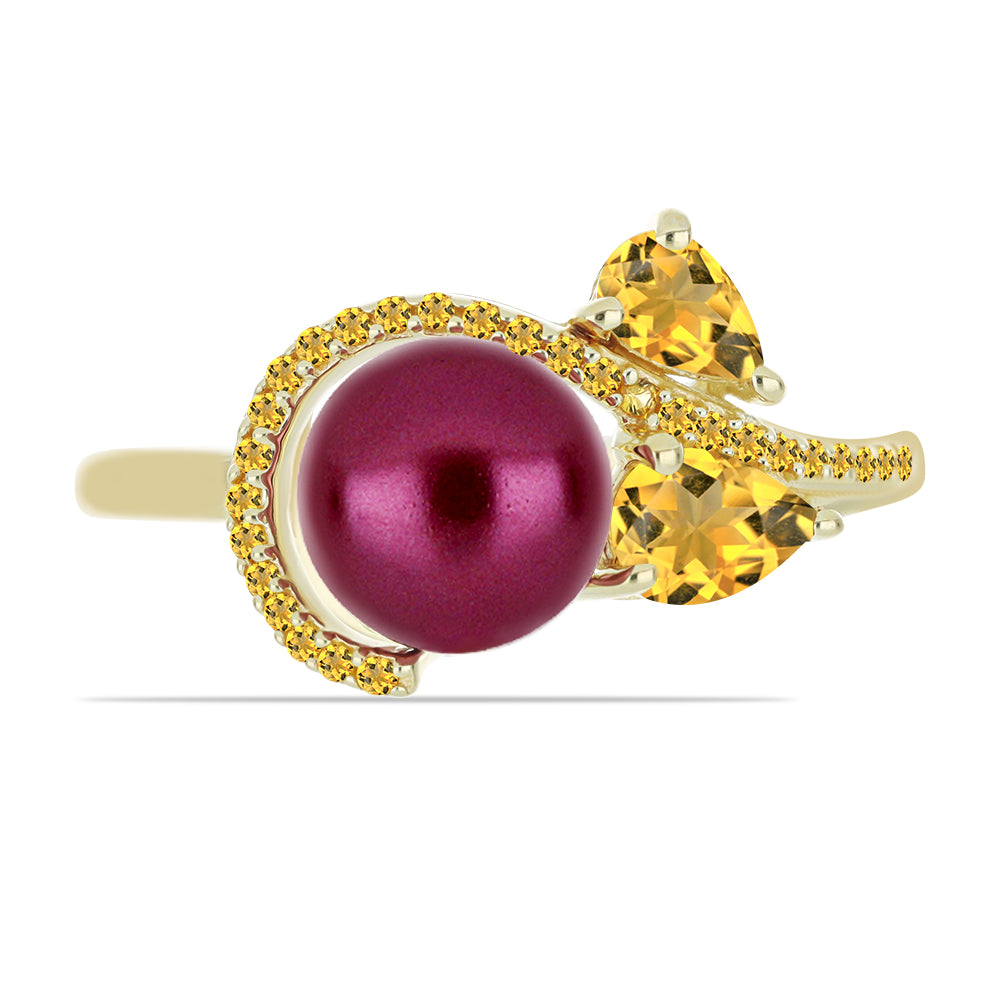 Inel din Argint 925 Placat cu Aur ( 2.76 grame ) cu Perlă de cultură Violet și Citrin Ural 3.33 Carate