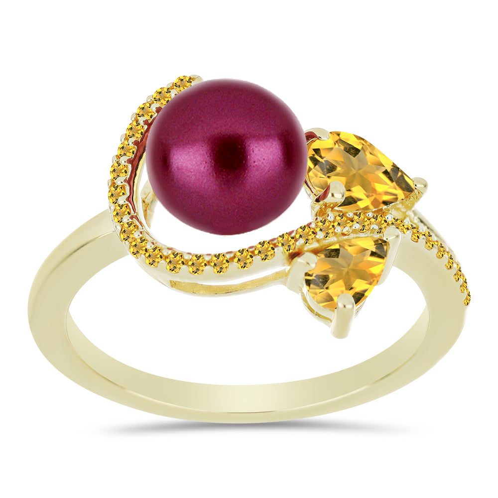 Inel din Argint 925 Placat cu Aur ( 2.76 grame ) cu Perlă de cultură Violet și Citrin Ural 3.33 Carate