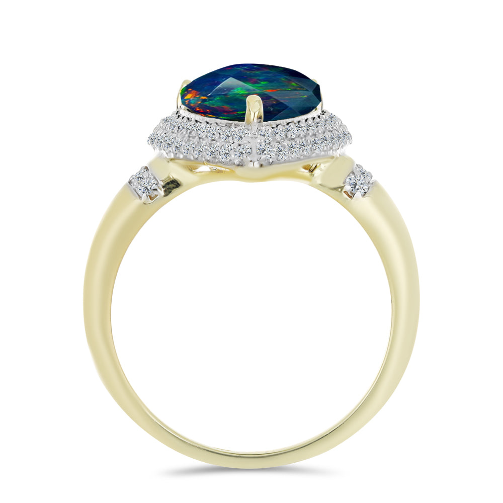 Inel din Argint 925 Placat cu Aur ( 3.73 grame ) cu Opal Etiopian Negru Lega Dembi și Topaz Alb 3.03 Carate