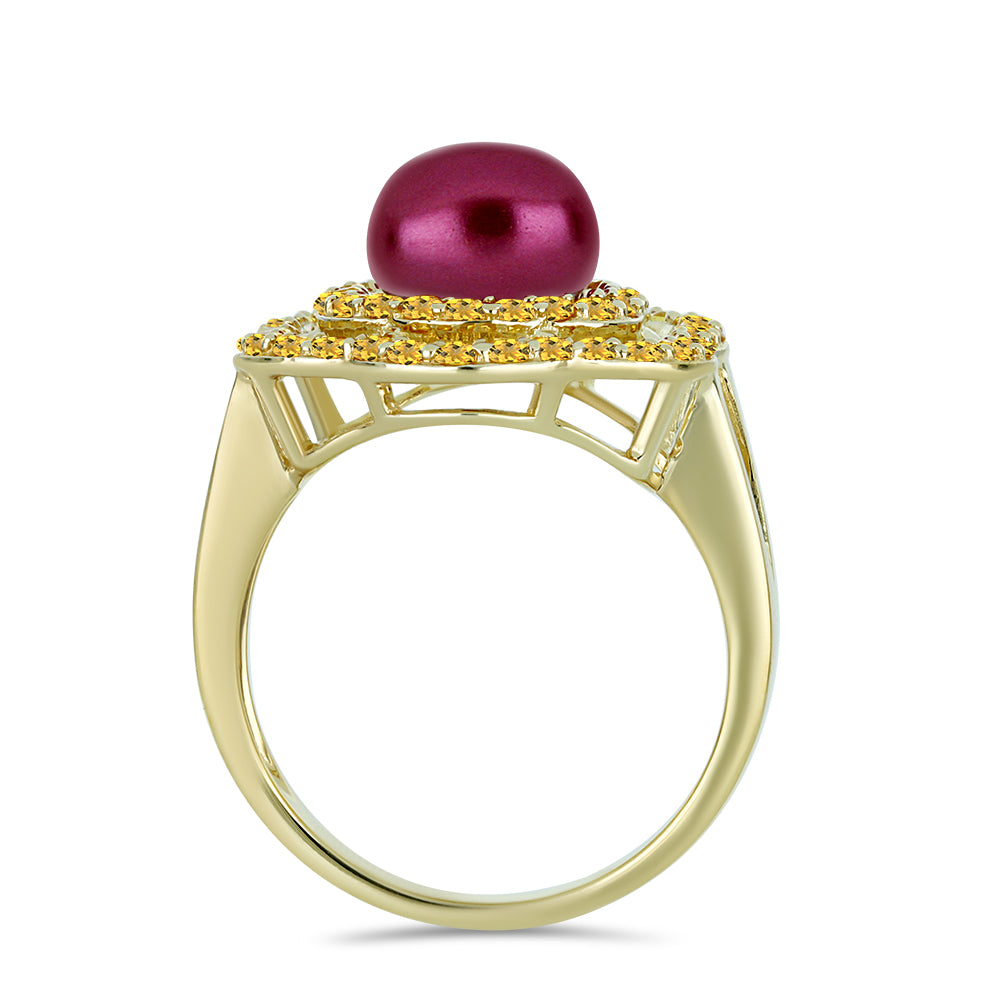 Inel din Argint 925 Placat cu Aur ( 3.27 grame ) cu Perlă de cultură Violet și Citrin Ural 3.31 Carate
