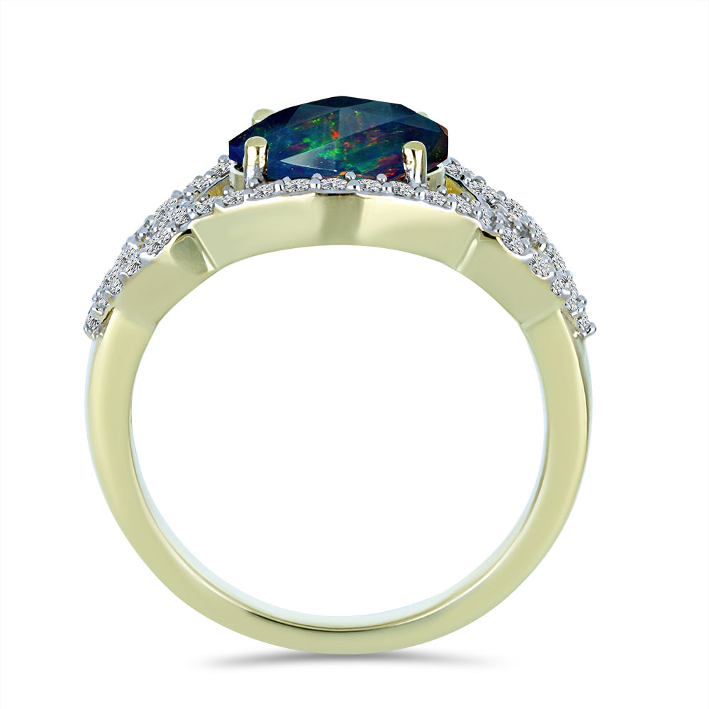 Inel din Argint 925 Placat cu Aur ( 3.32 grame ) cu Opal Etiopian Negru Lega Dembi și Topaz Alb 1.49 Carate