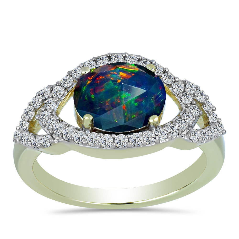 Inel din Argint 925 Placat cu Aur ( 3.32 grame ) cu Opal Etiopian Negru Lega Dembi și Topaz Alb 1.49 Carate 3 