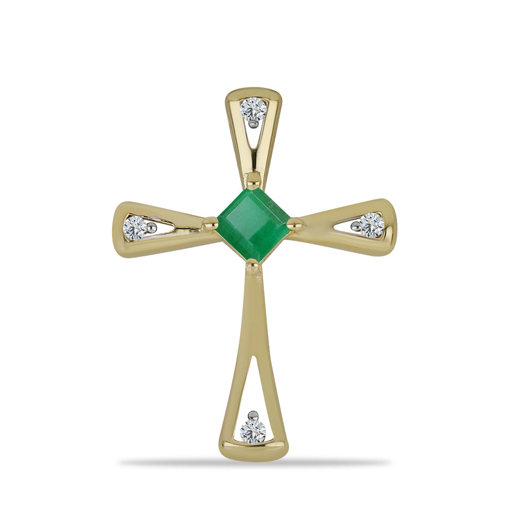 Cruce Pandantiv din Argint 925 Placat cu Aur ( 2.99 grame ) cu Smarald Brazilian și Topaz Alb 0.63 Carate 1 