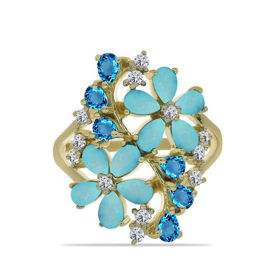 Inel din Argint 925 Placat cu Aur ( 5.32 grame ) cu Turcoaz ”Frumoasa Adormită” și Topaz Albastru ”Elveția” 3.39 Carate