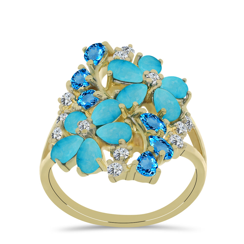 Inel din Argint 925 Placat cu Aur ( 5.32 grame ) cu Turcoaz ”Frumoasa Adormită” și Topaz Albastru ”Elveția” 3.39 Carate 3 
