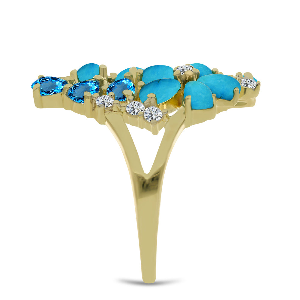 Inel din Argint 925 Placat cu Aur ( 5.32 grame ) cu Turcoaz ”Frumoasa Adormită” și Topaz Albastru ”Elveția” 3.39 Carate 4 
