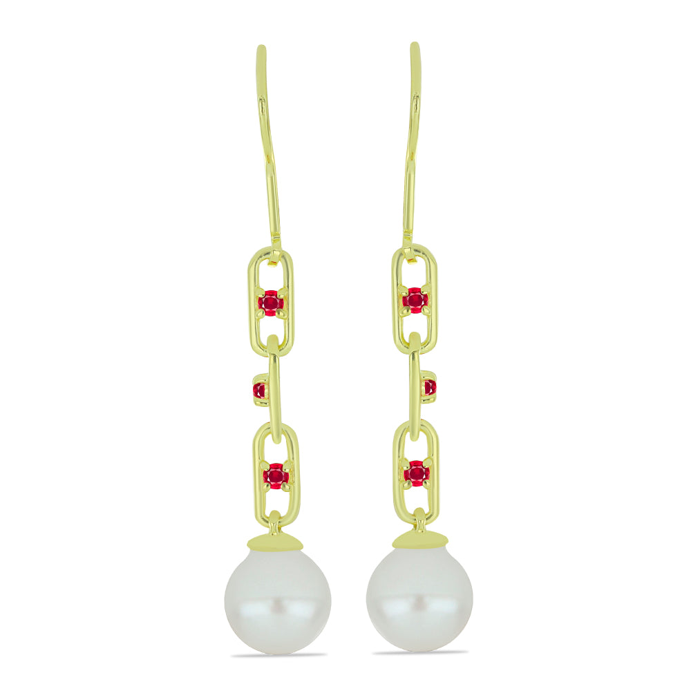 Cercei din Argint 925 Placat cu Aur ( 2.01 grame ) cu Perlă de Apă Dulce Albă și Rubin Malagasy 8.48 Carate 1 
