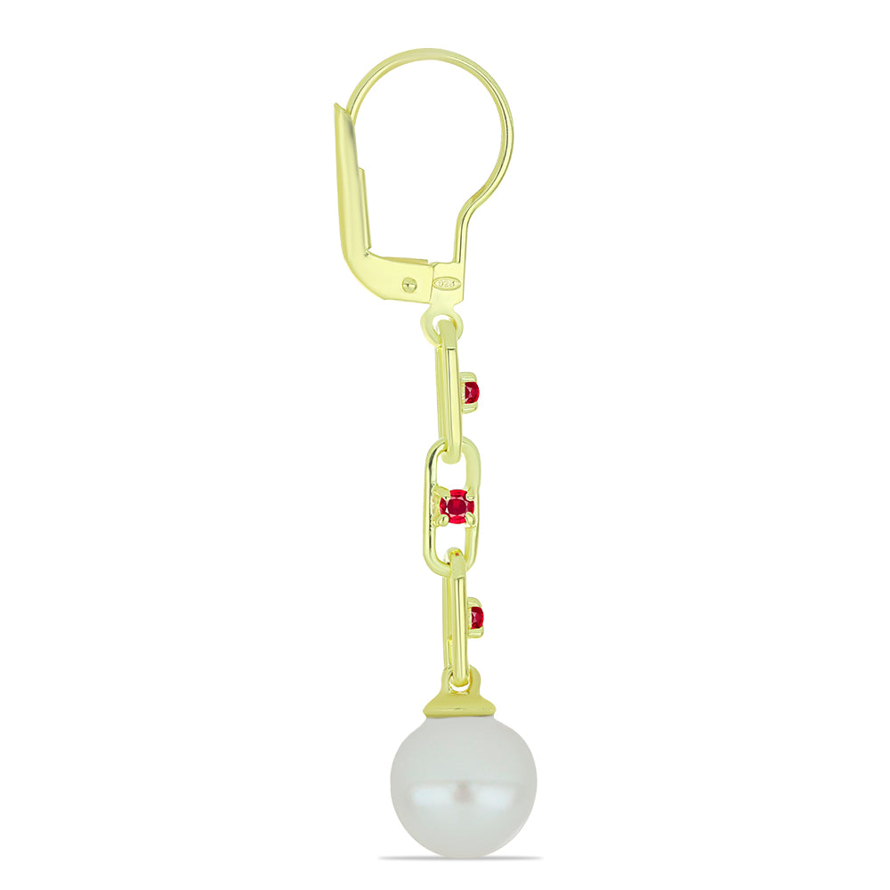 Cercei din Argint 925 Placat cu Aur ( 2.01 grame ) cu Perlă de Apă Dulce Albă și Rubin Malagasy 8.48 Carate 2 