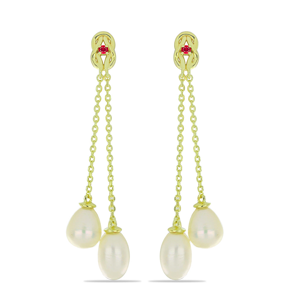 Cercei din Argint 925 Placat cu Aur ( 2.88 grame ) cu Perlă de Apă Dulce Albă și Rubin Malagasy 16.25 Carate