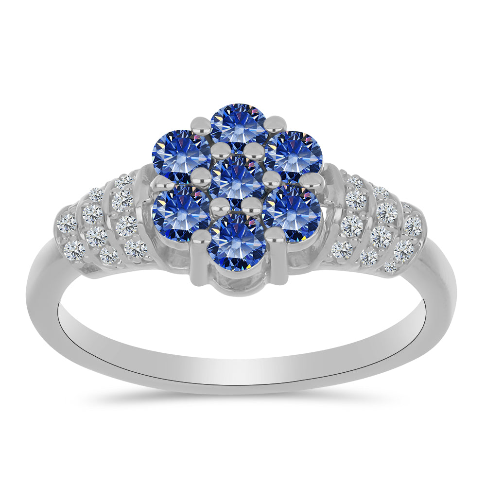 Inel din Argint 925 ( 2.76 grame ) cu Moissanite Albastru Regal cultivat în laborator și Topaz Alb 0.92 Carate 3 