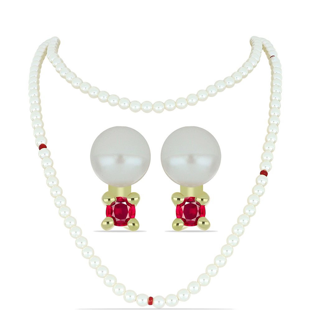 Set din Argint 925 Placat cu Aur ( 0.95 grame ) cu Perlă de Apă Dulce Albă și Rubin Malagasy 176.58 Carate ( Colier+Cercei )
