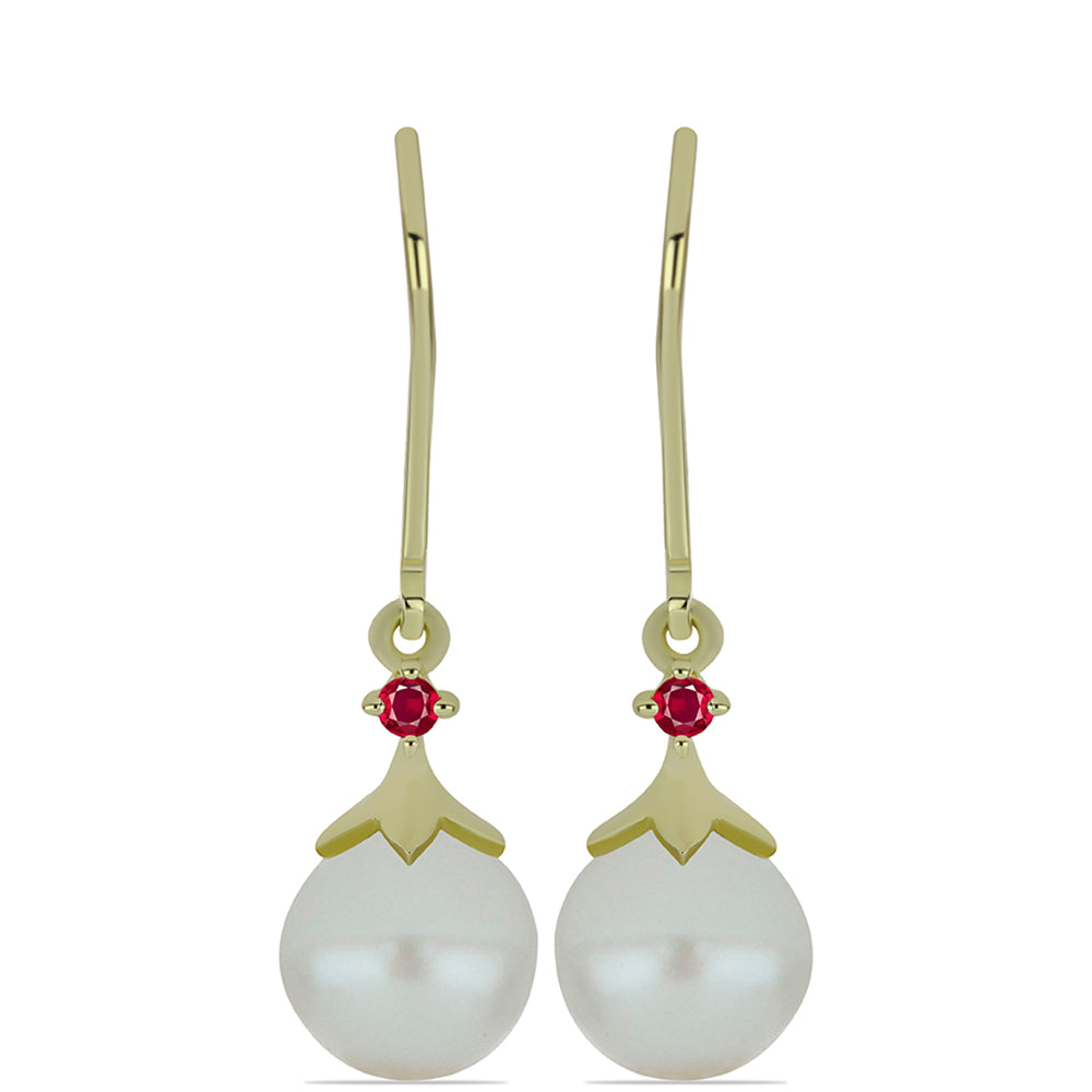 Cercei din Argint 925 Placat cu Aur ( 1.43 grame ) cu Perlă de Apă Dulce Albă și Rubin Malagasy 7.98 Carate
