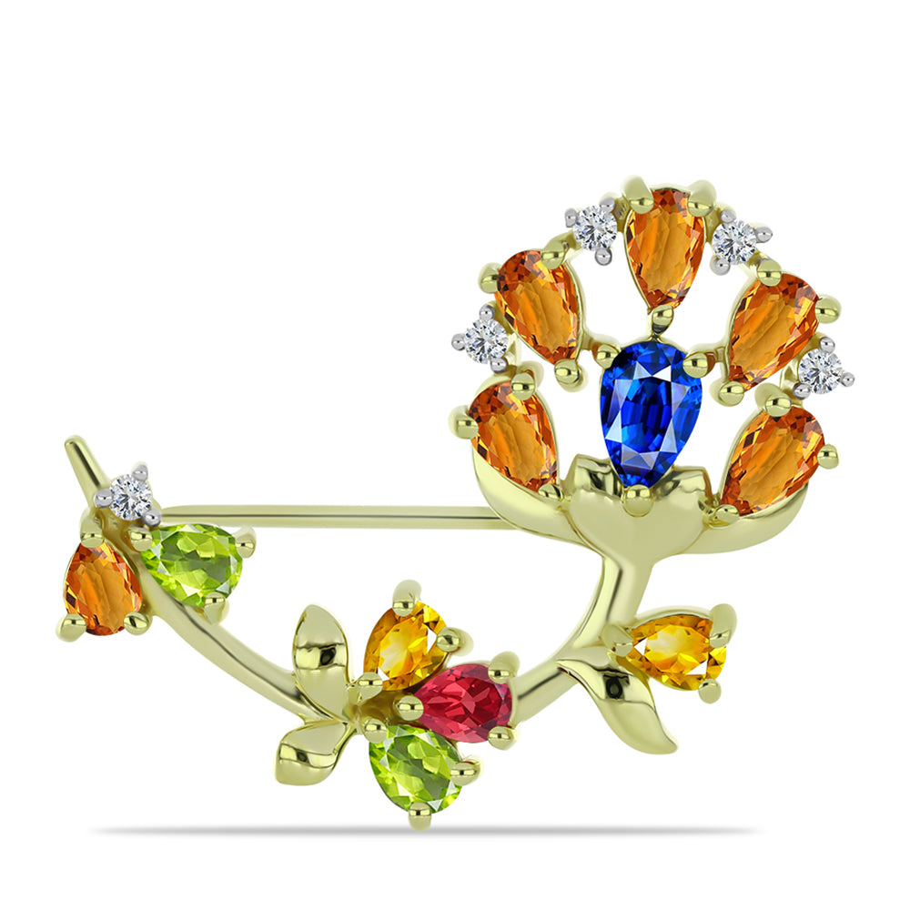 Broşă din Argint 925 Placat cu Aur ( 4.68 grame ) cu Safir Rosebery Curcubeu și Topaz Alb 3.19 Carate