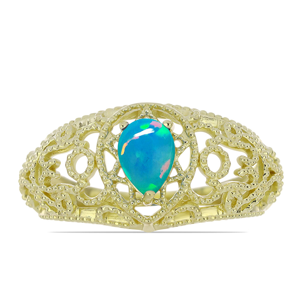 Inel din Argint 925 Placat cu Aur ( 3 grame ) cu Opal Albastru Etiopian Paraiba 0.44 Carate 1 