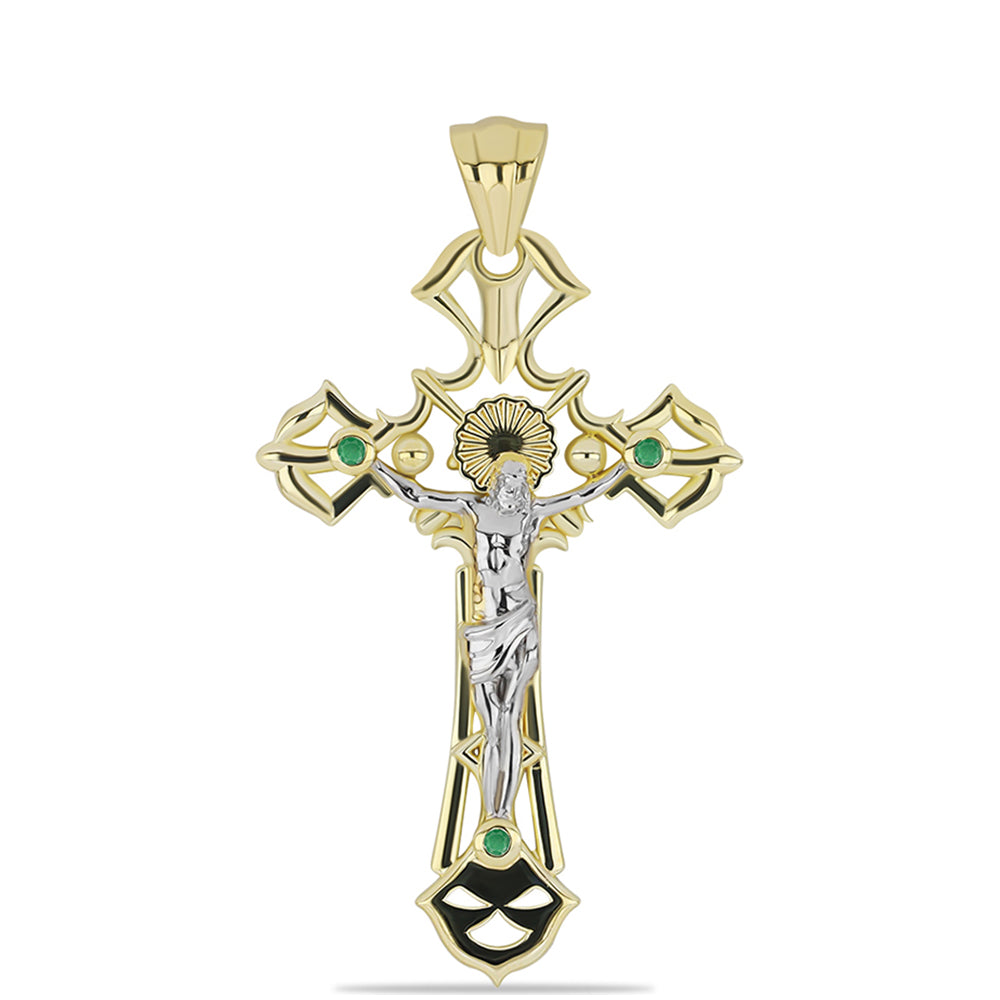 Cruce Pandantiv din Argint 925 Placat cu Aur de 2 tonuri ( 10.14 grame ) cu Smarald Brazilian 0.12 Carate