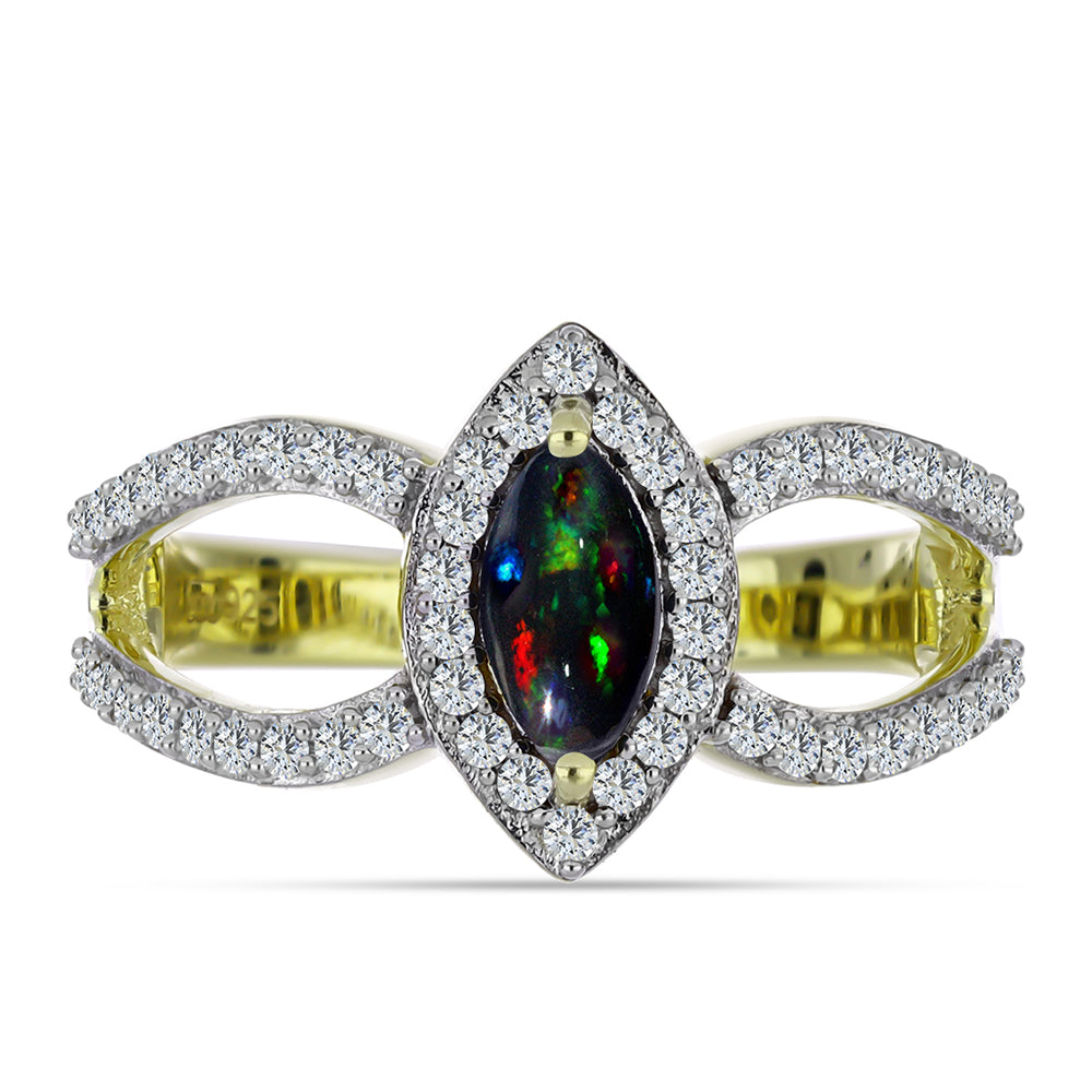 Inel din Argint 925 Placat cu Aur ( 3.29 grame ) cu Opal Etiopian Negru Lega Dembi și Topaz Alb 0.87 Carate 1 