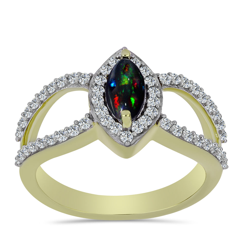 Inel din Argint 925 Placat cu Aur ( 3.29 grame ) cu Opal Etiopian Negru Lega Dembi și Topaz Alb 0.87 Carate 3 