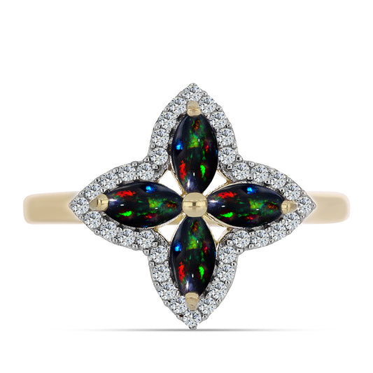 Inel din Argint 925 Placat cu Aur ( 2.9 grame ) cu Opal Etiopian Negru Lega Dembi și Topaz Alb 0.85 Carate