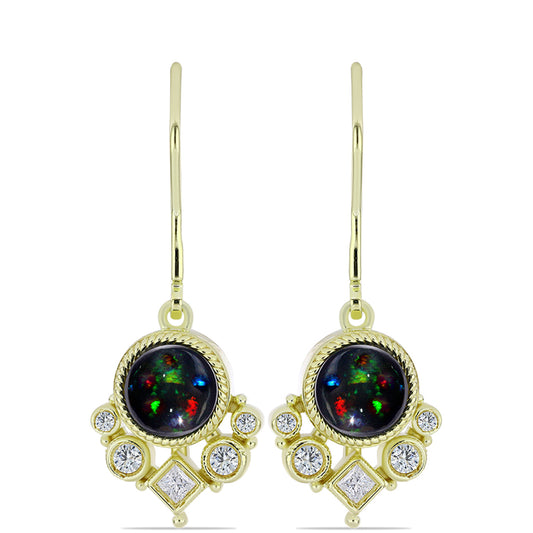 Cercei din Argint 925 Placat cu Aur ( 3.86 grame ) cu Opal Etiopian Negru Lega Dembi și Topaz Alb 1.47 Carate