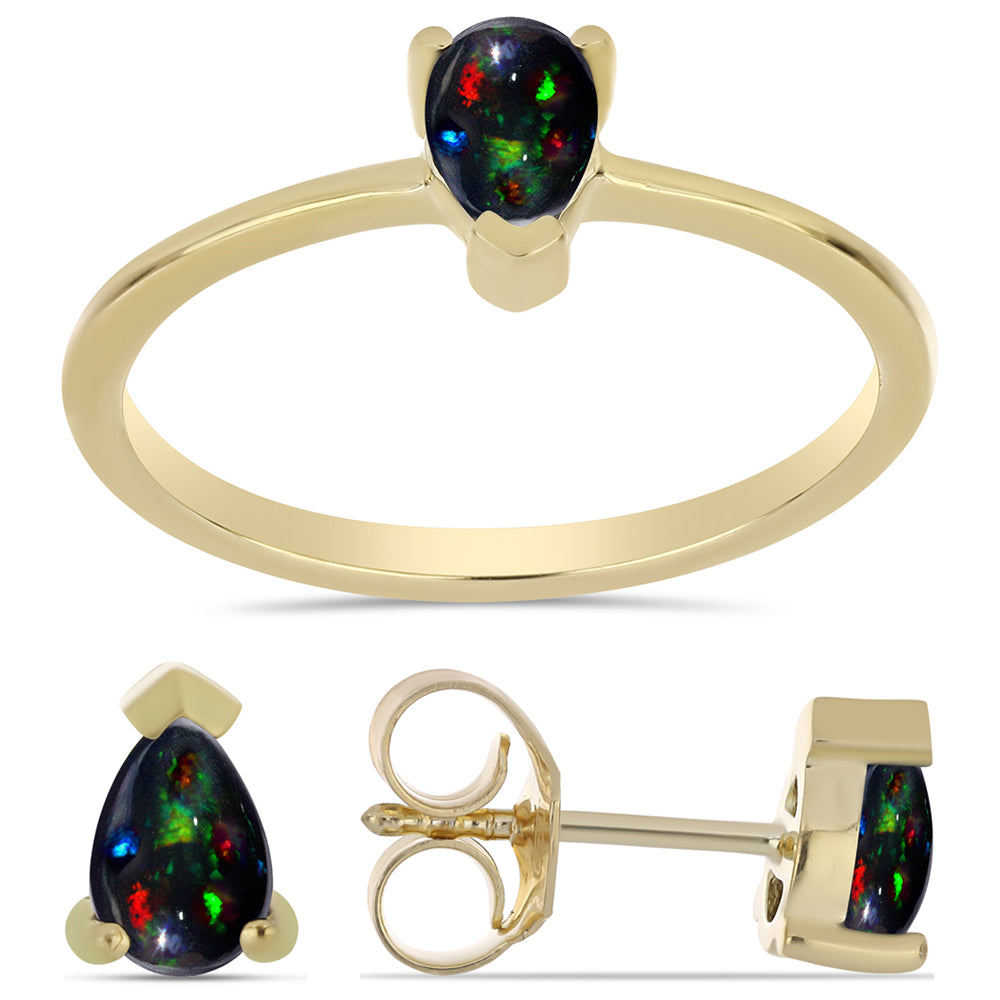 Set din Argint 925 Placat cu Aur ( 2.51 grame ) cu Opal Etiopian Negru Lega Dembi 0.82 Carate ( Cercei+Inel ) 1 