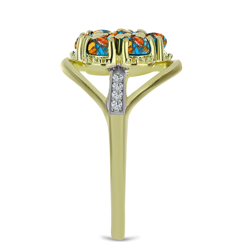 Inel din Argint 925 Placat cu Aur ( 3.65 grame ) cu Turcoaz Oyster și Topaz Alb 1.18 Carate 4 