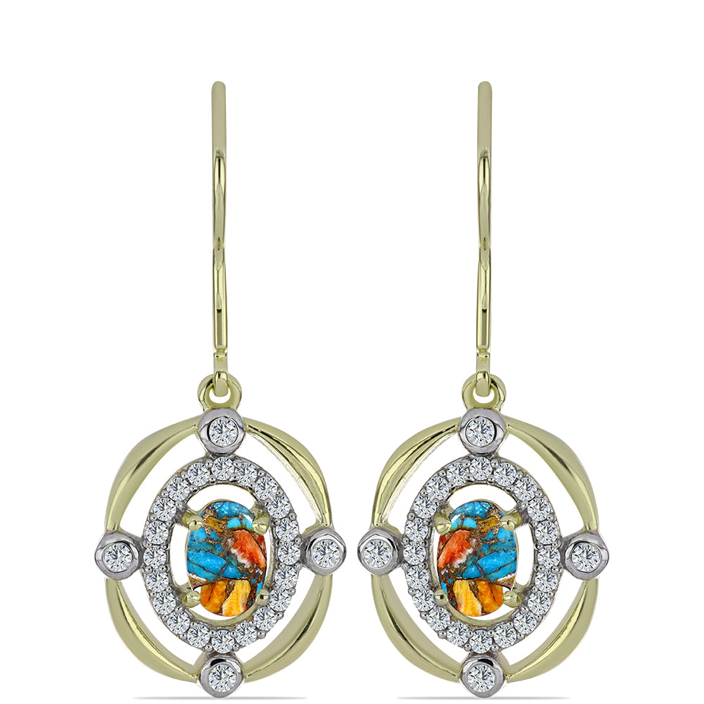 Cercei din Argint 925 Placat cu Aur ( 3.65 grame ) cu Turcoaz Oyster și Topaz Alb 1.6 Carate