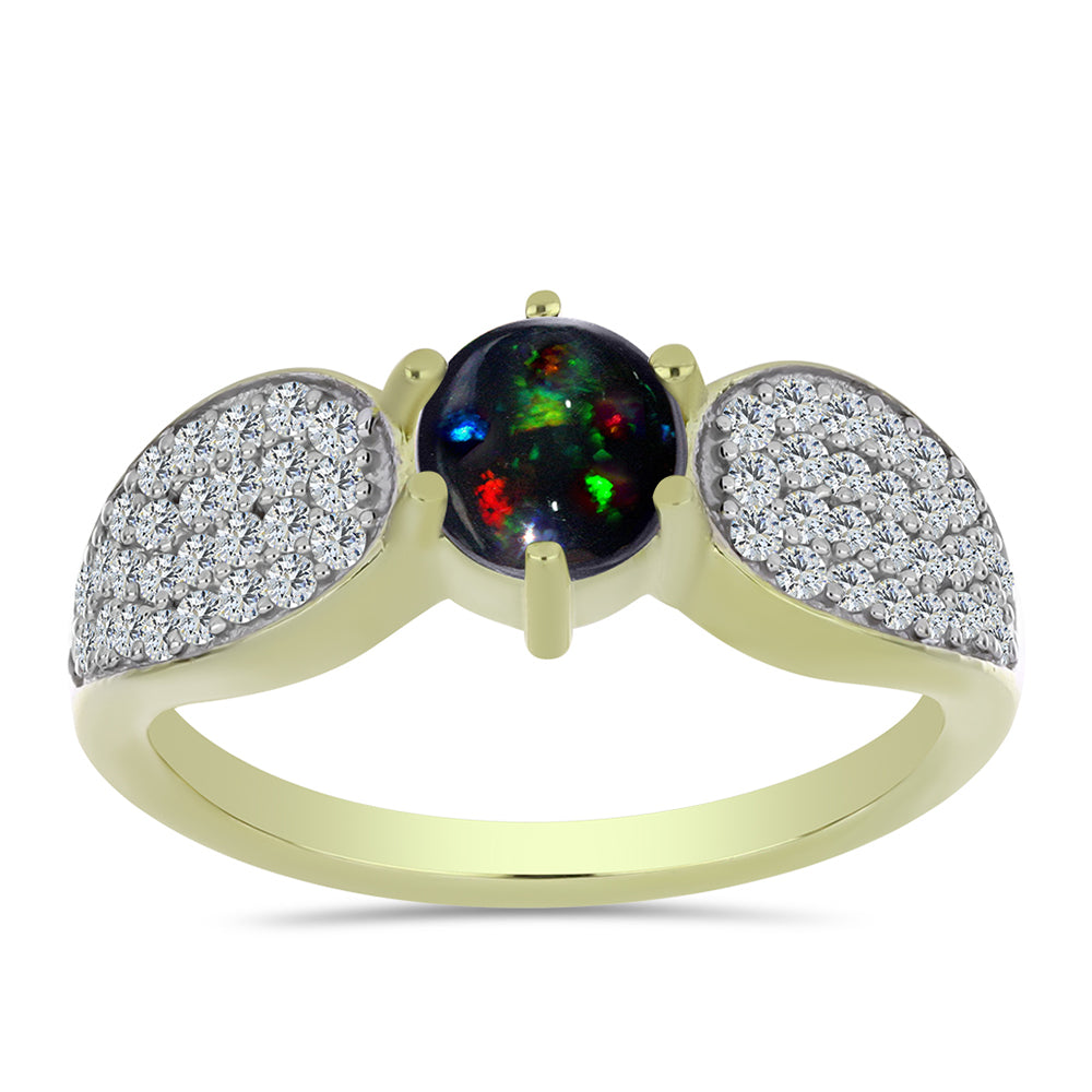 Inel din Argint 925 Placat cu Aur ( 3.17 grame ) cu Opal Etiopian Negru Lega Dembi și Topaz Alb 1.06 Carate