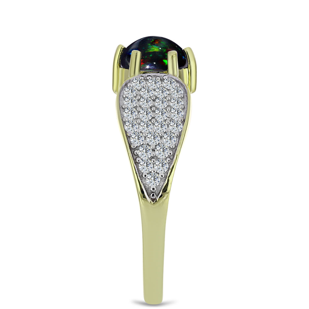 Inel din Argint 925 Placat cu Aur ( 3.17 grame ) cu Opal Etiopian Negru Lega Dembi și Topaz Alb 1.06 Carate