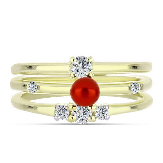 Set din Argint 925 Placat cu Aur ( 4.42 grame ) cu Perlă de apă dulce roșie și Topaz Alb 0.78 Carate ( Inel )