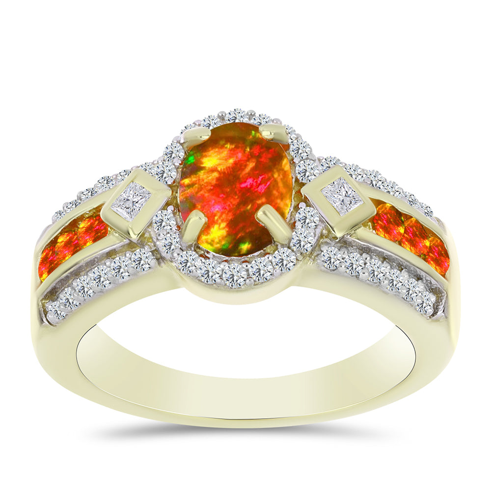 Inel din Argint 925 Placat cu Aur ( 5.02 grame ) cu Opal de Foc American și Topaz Alb 1.46 Carate 3 