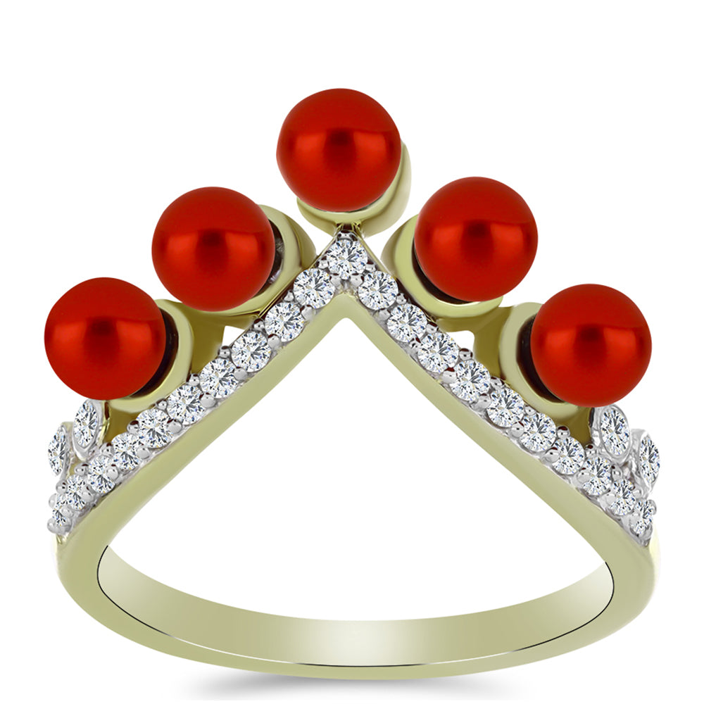 Inel din Argint 925 Placat cu Aur ( 3.14 grame ) cu Perlă de apă dulce roșie și Topaz Alb 2.42 Carate 3 