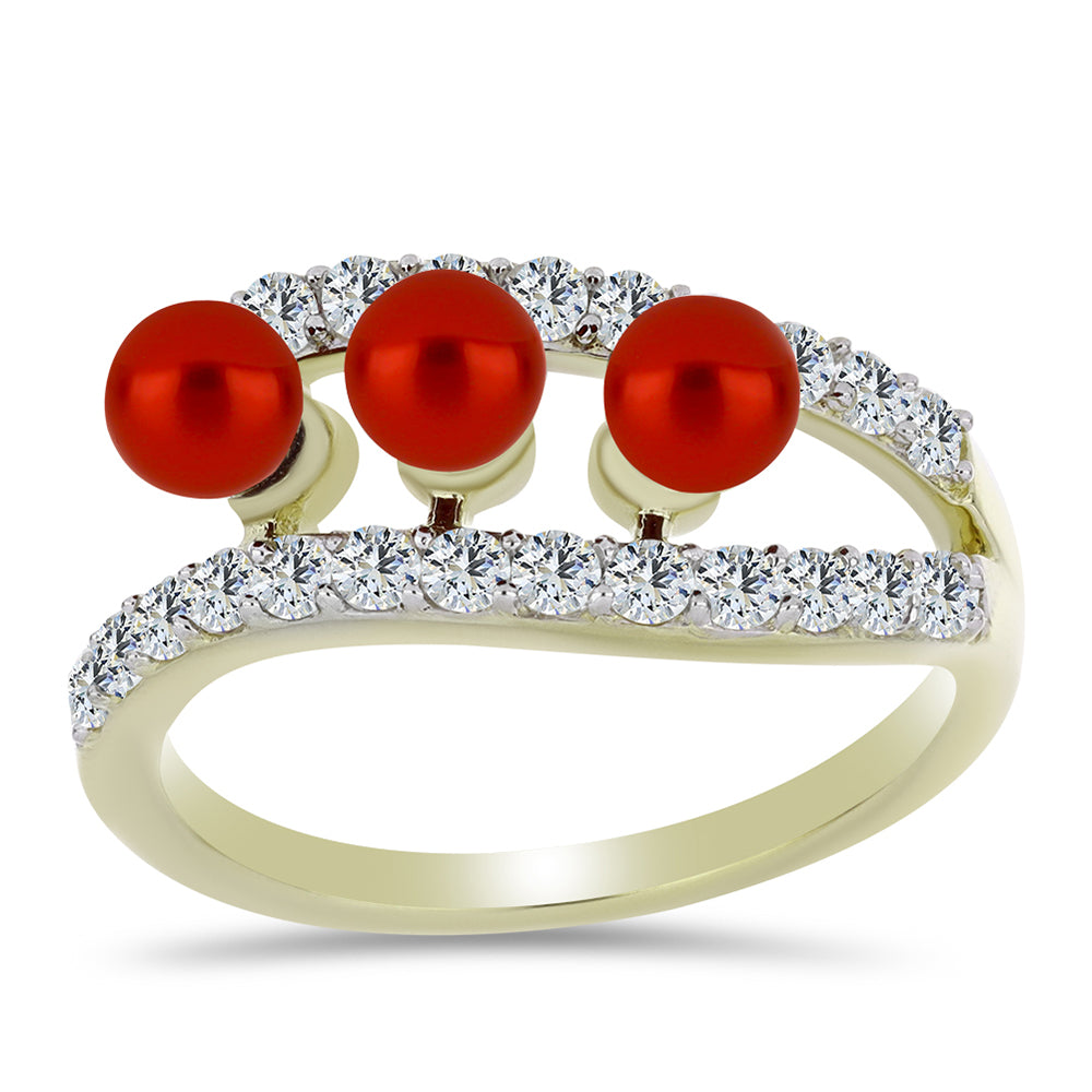 Inel din Argint 925 Placat cu Aur ( 2.33 grame ) cu Perlă de apă dulce roșie și Topaz Alb 2.4 Carate 3 