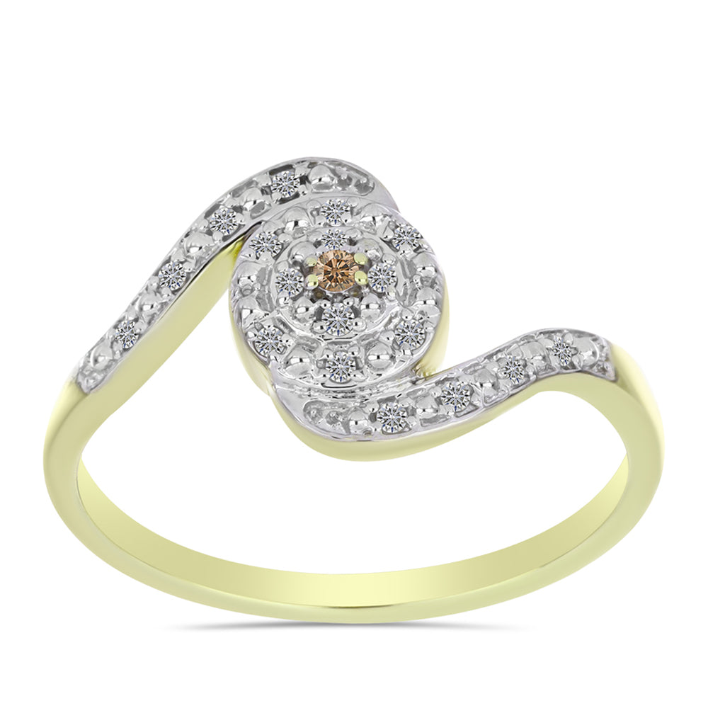 Inel din Argint 925 Placat cu Aur ( 2.34 grame ) cu Diamant de culoarea Șampaniei și Diamant Alb 0.11 Carate 3 