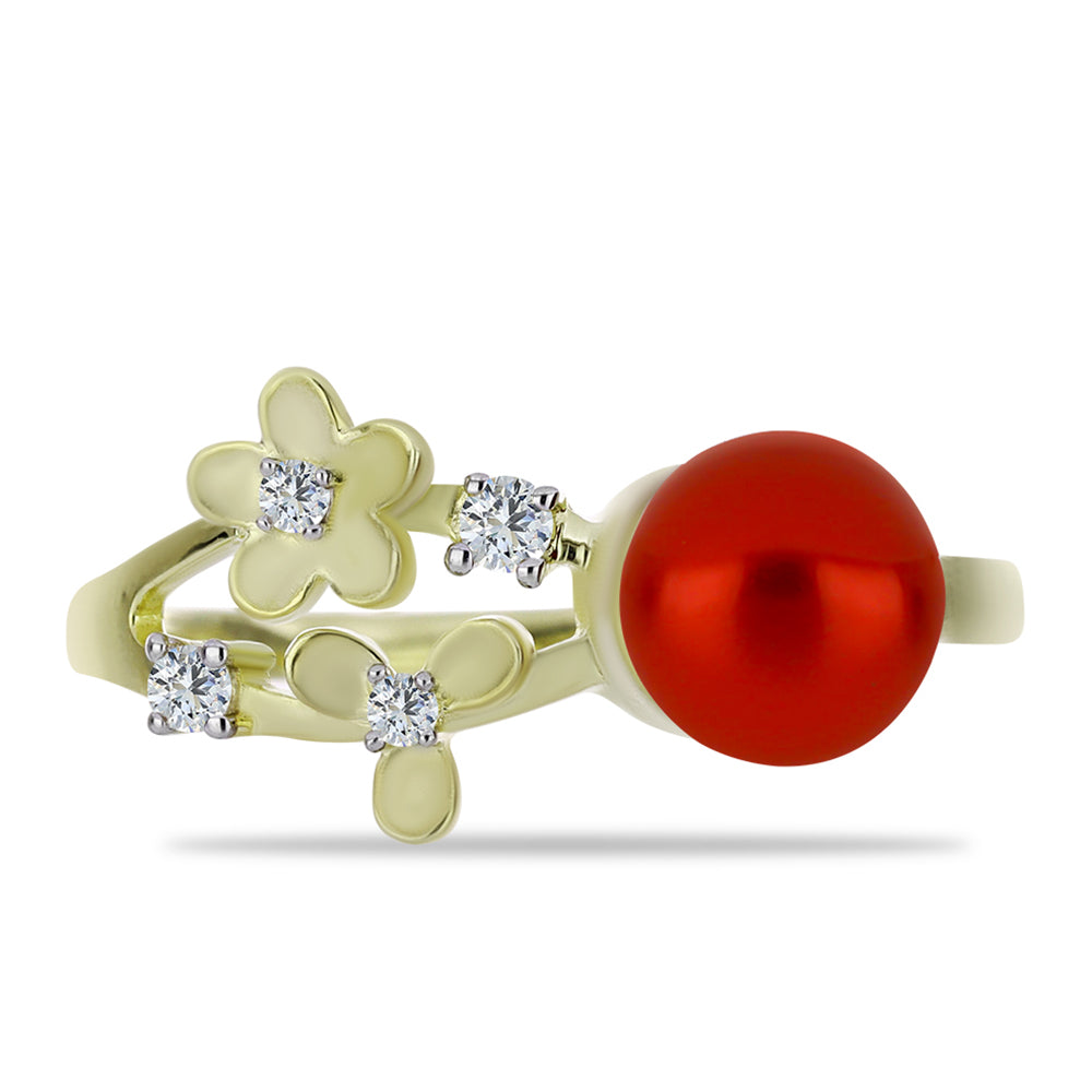 Inel din Argint 925 Placat cu Aur ( 2.61 grame ) cu Perlă de apă dulce roșie și Topaz Alb 2.38 Carate 1 