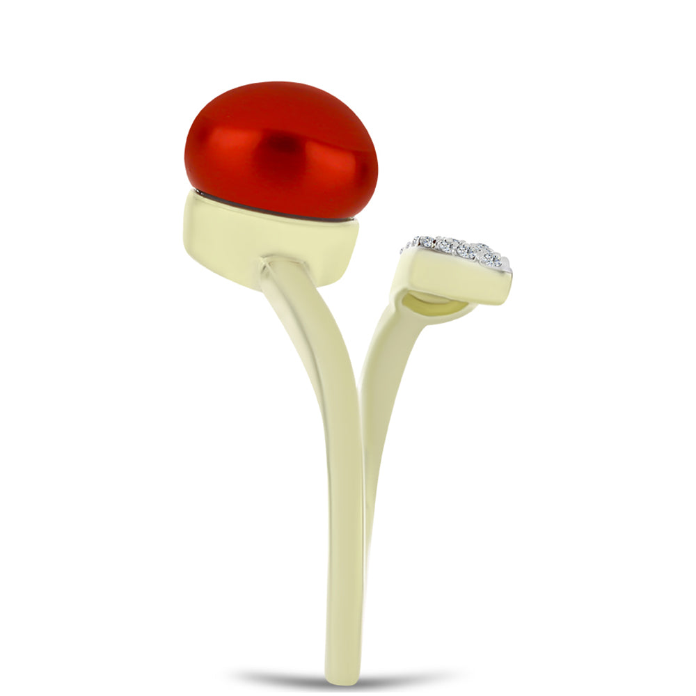 Inel din Argint 925 Placat cu Aur ( 3.23 grame ) cu Perlă de apă dulce roșie și Topaz Alb 4.48 Carate 4 