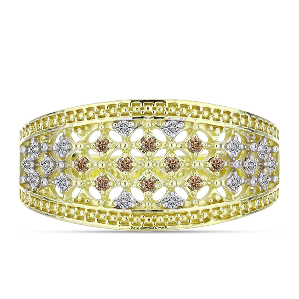 Inel din Argint 925 Placat cu Aur ( 3.26 grame ) cu Diamant de culoarea Șampaniei și Diamant Alb 0.2 Carate