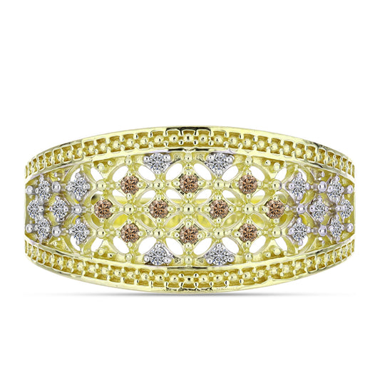 Inel din Argint 925 Placat cu Aur ( 3.26 grame ) cu Diamant de culoarea Șampaniei și Diamant Alb 0.2 Carate