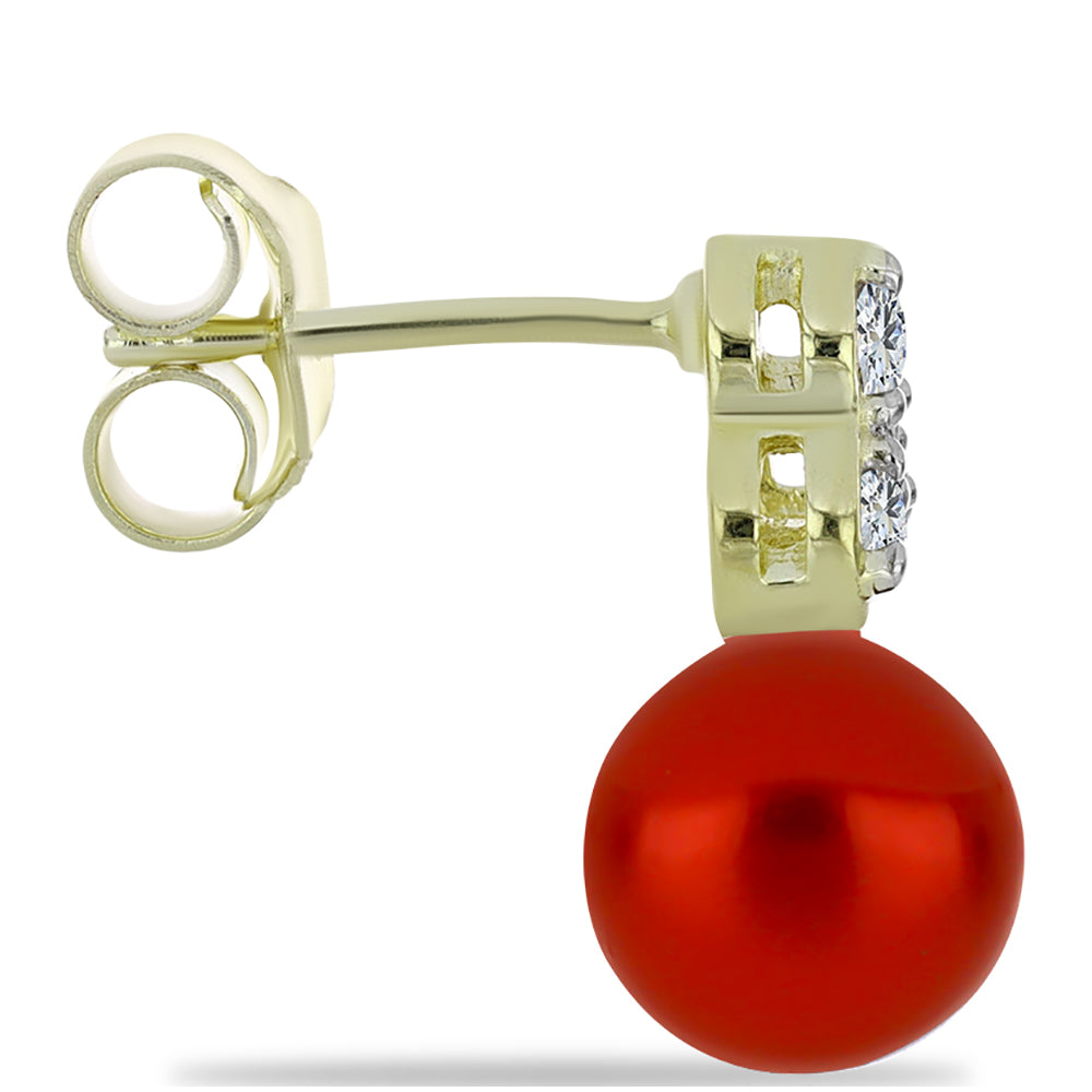 Cercei din Argint 925 Placat cu Aur ( 1.67 grame ) cu Perlă de apă dulce roșie și Topaz Alb 5.82 Carate 2 