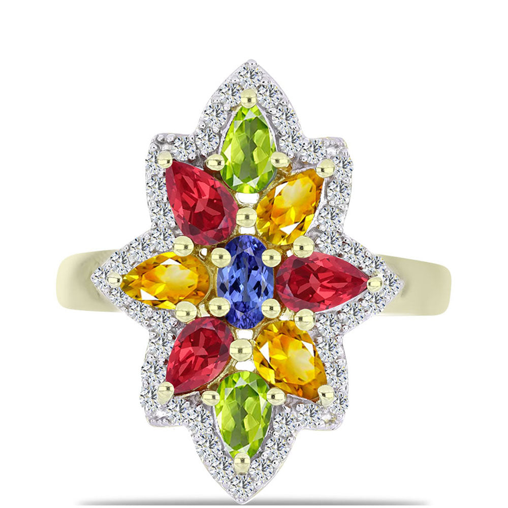 Inel din Argint 925 Placat cu Aur ( 3.77 grame ) cu Safir Rosebery Curcubeu și Topaz Alb 2.92 Carate